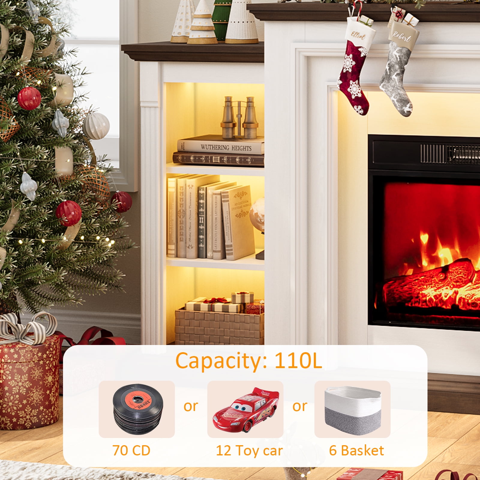 72" LED Electric Fireplace with Mantel, Fireplace TV Stand for 80 Inch TV, Modern Entertainment Center with Storage, Delicate Three-Dimensional Molding with Remote Control for Living Room