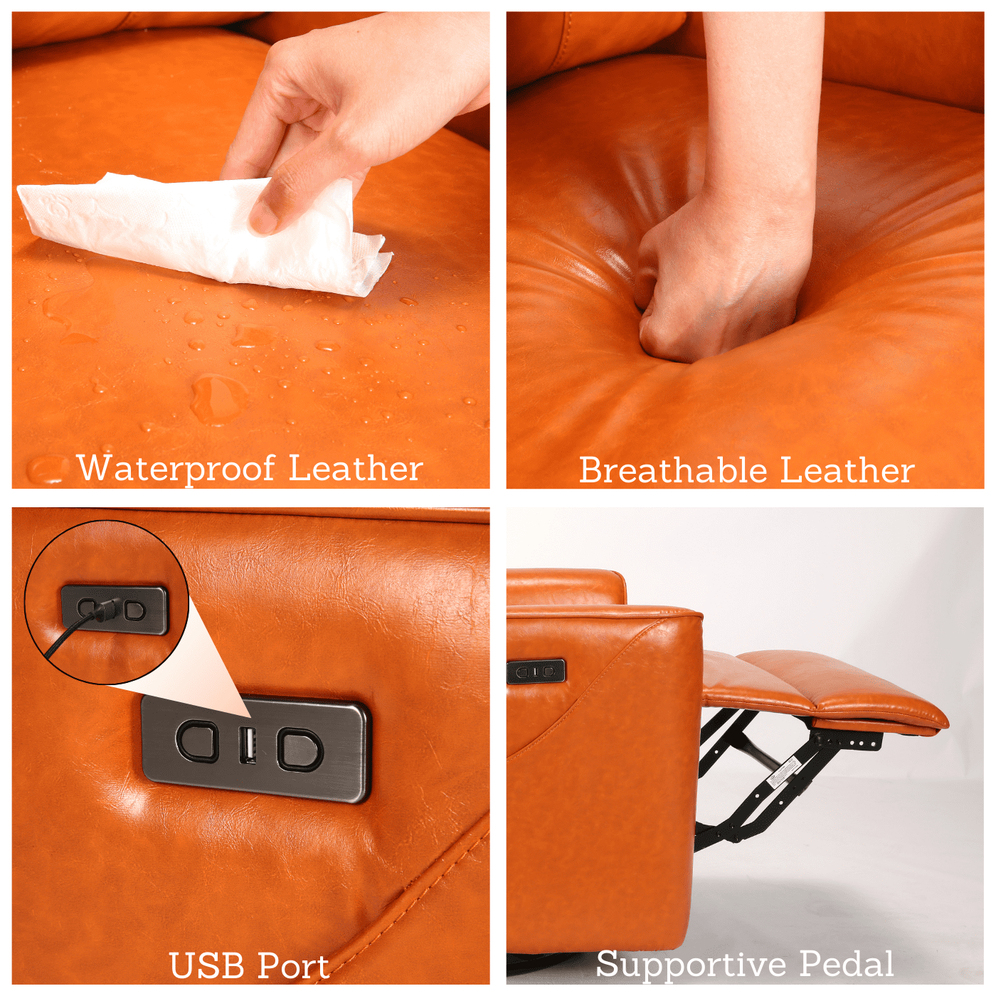 Legooin Multi-Function Power Recliner Chair with 8-Point Massage & Heat - 270° Swivel Rocker with USB Charging, Faux Leather Nursery Chair for Baby Adult, Orange Brown
