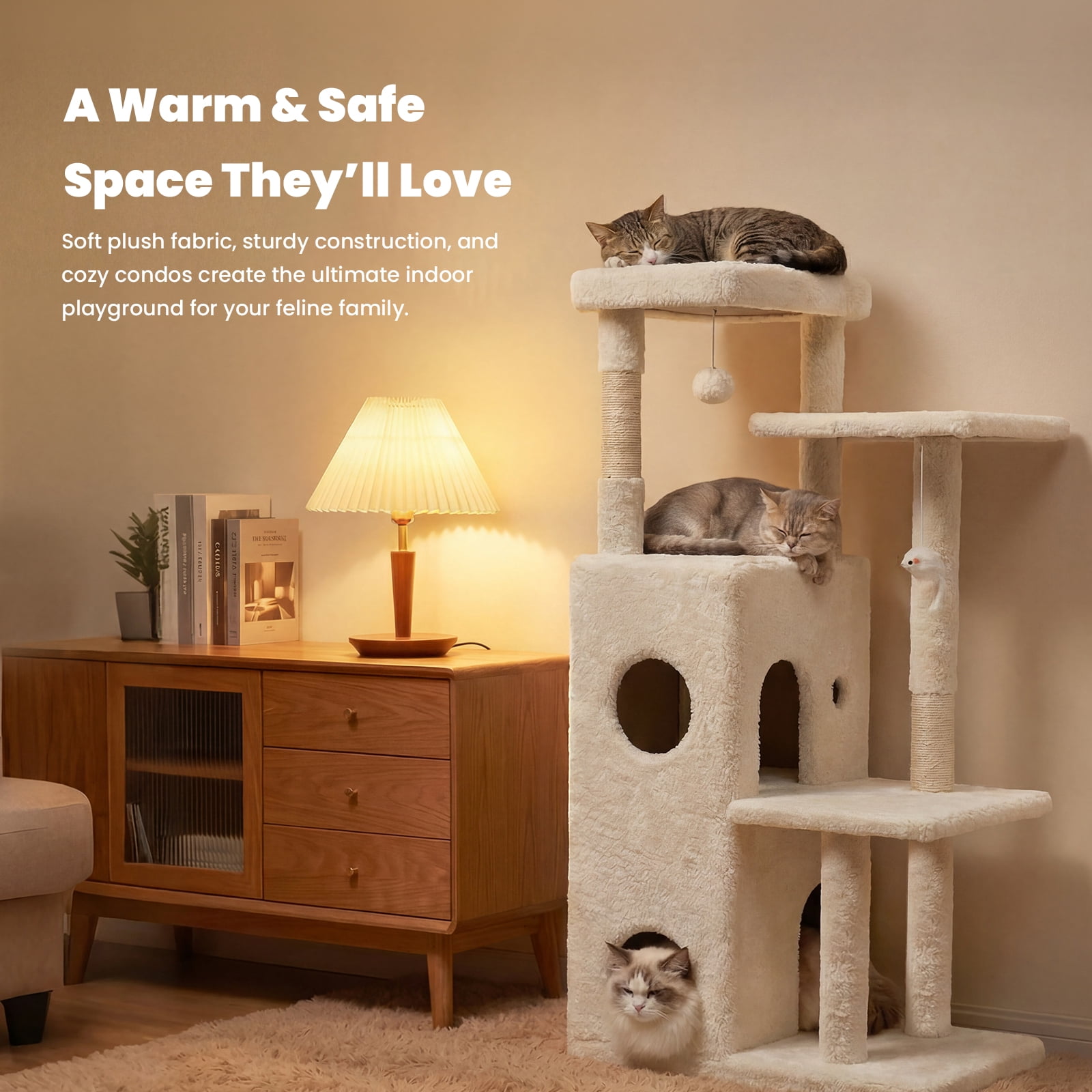 50-inch Large Cat Tree for Adult Cats, Multi-Level Cat Condo with 2 Cozy Caves, Steps, Sisal Scratching Posts & Toys, Beige