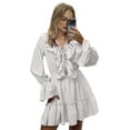 thumbnail image 3 of Womens V Neck Casual Long Sleeve Dresses Summer Loose High Waist Ruffle Pleated Cute Mini Short Dress White S, 3 of 8
