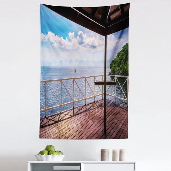 Tropic Tapestry, Balcony Porch Sea Ocean View in Trinidad and Tobago Island Tropic Photo Image Art, Fabric Wall Hanging Decor for Bedroom Living Room Dorm, 5 Sizes, Multicolor, by Ambesonne