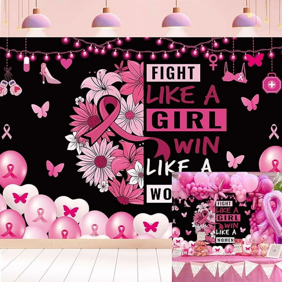 Breast Cancer Awareness Banner Backdrop 6x4FT Breast Cancer Awareness Month Background for Photography Pink Ribbon Shapes Party Decorations Supplies Photo Props