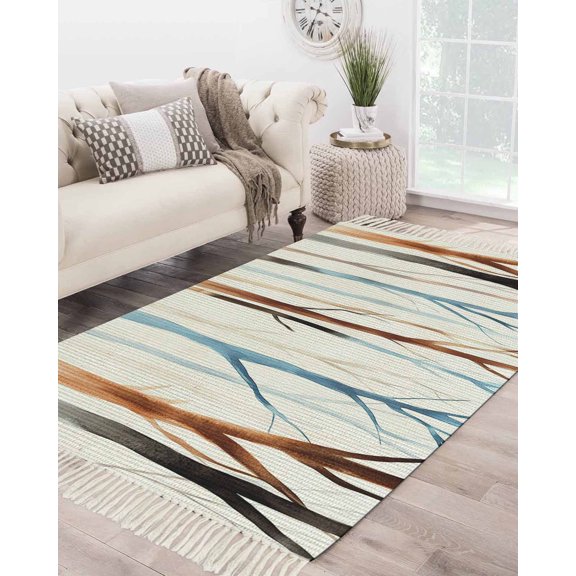 Tree Branches Large Area Rug 4x6ft Woven Runner Rug,Gradual Blue Brown Abstract Forest Plant Washable Living Room Bedroom Kitchen Bathroom Classroom Carpet with Tassels,Indoor Outdoor Throw Door Mat