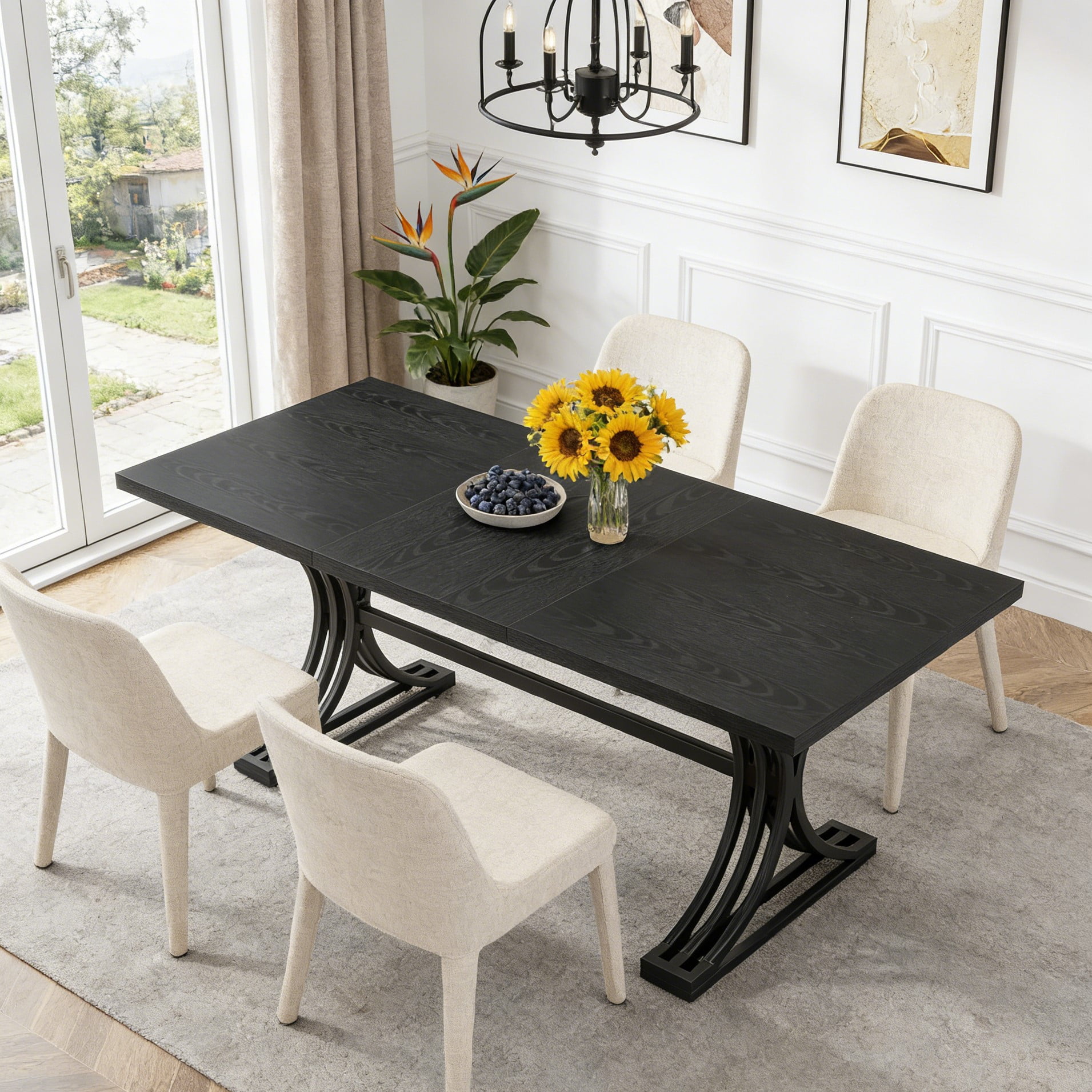 Fnova 63" Modern Dining Table, Rectangular Wooden Top Kitchen Table, Stylish Metal Trestle Legs, Seats 4 to 6 for Dining Room & Kitchen, Living Room