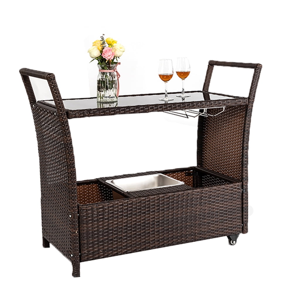 Zimtown Patio Outdoor Wicker Serving Bar Cart with Stainless Ice Bucket