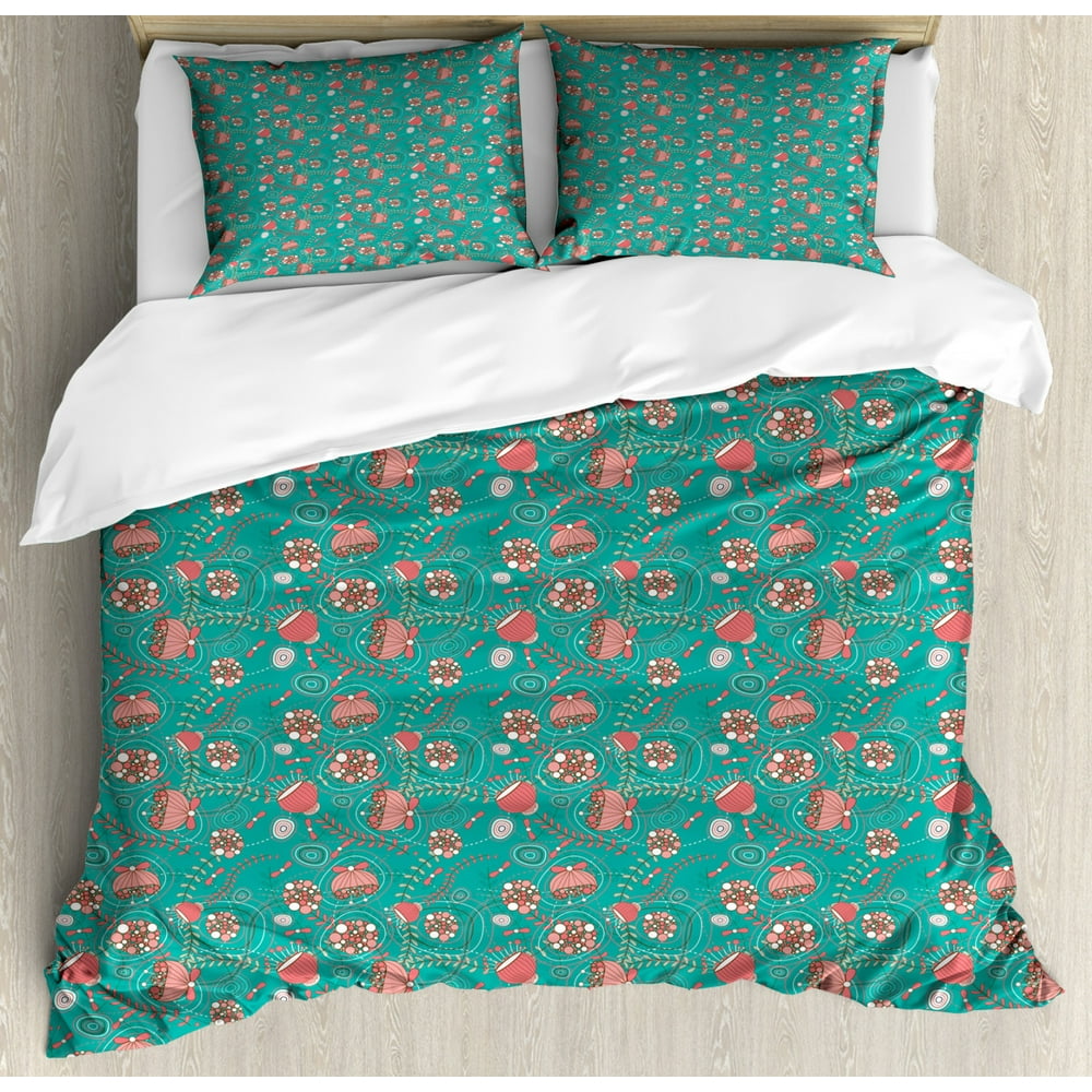 Turquoise Duvet Cover Set Queen Size, Abstract Floral Arrangement Hand