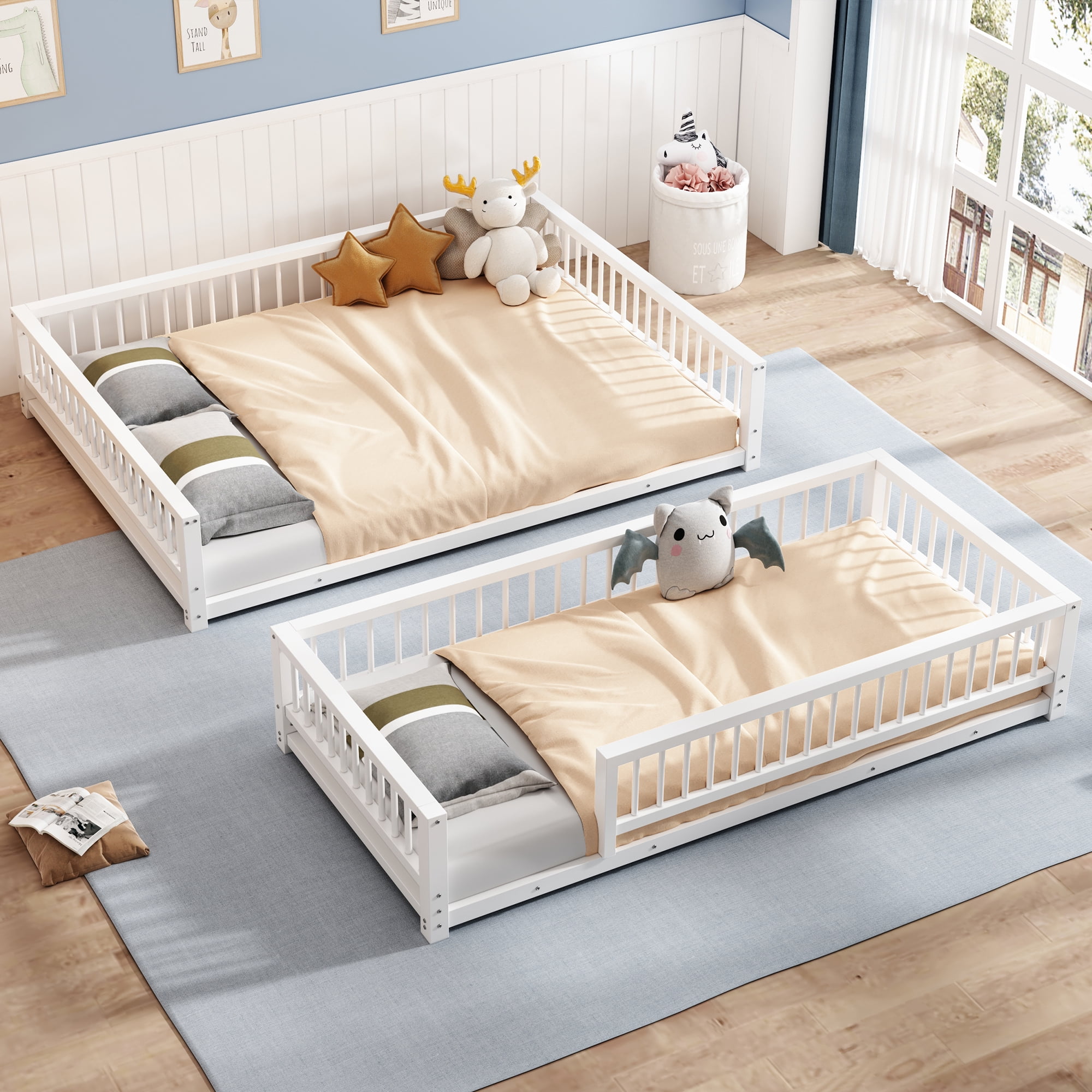 Euroco Metal Twin XL over Queen Bunk Bed, Convertible Floor Bed with Ladder and Guardrails, White