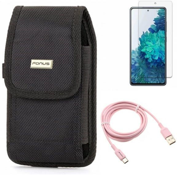Case Belt Clip & 6ft USB-C Cable & Screen Protector for Samsung Galaxy S20 Fan Edition - Swivel Holster   Pink Charger Cord   Anti-Glare Tempered Glass Combo