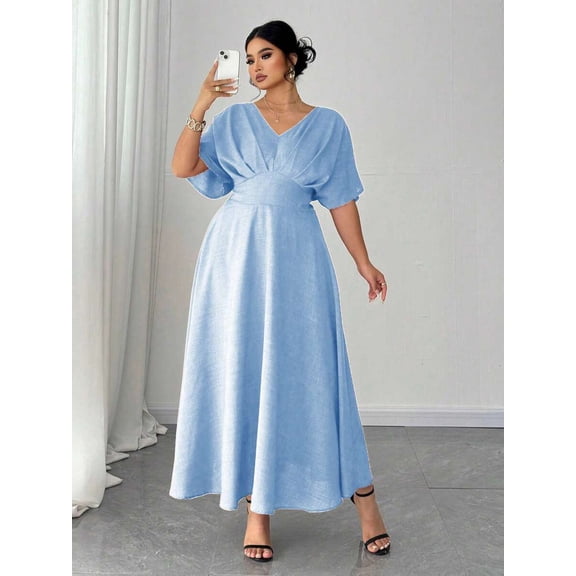 Plus Size Blue V-Neck Short Sleeve Casual Dress