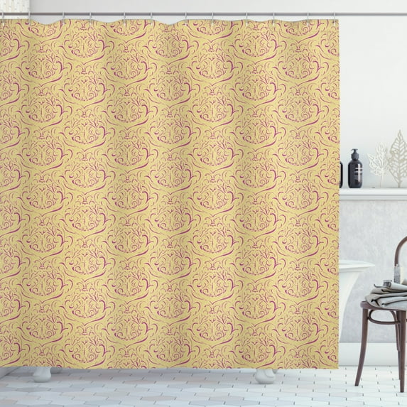 Acanthus Shower Curtain, Repetitive Royal Pattern with Abstract Leaves in Bicolour Design Image, Fabric Bathroom Set with Hooks, 69W X 75L Inches Long, Pale Camel and Fuchsia, by Ambesonne
