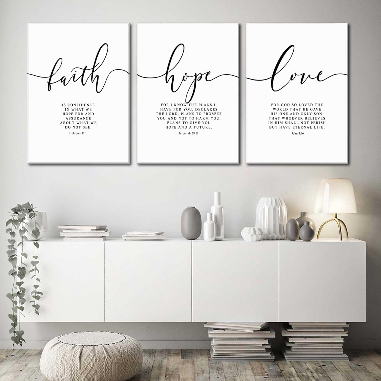 3Pcs Framed Faith Hope Love Bible Verse Canvas Wall Art Christian Scripture Quote Posters Prints Inspirational Religious Wall Decor Pictures Paintings for Living Room Bedroom Home Decoration