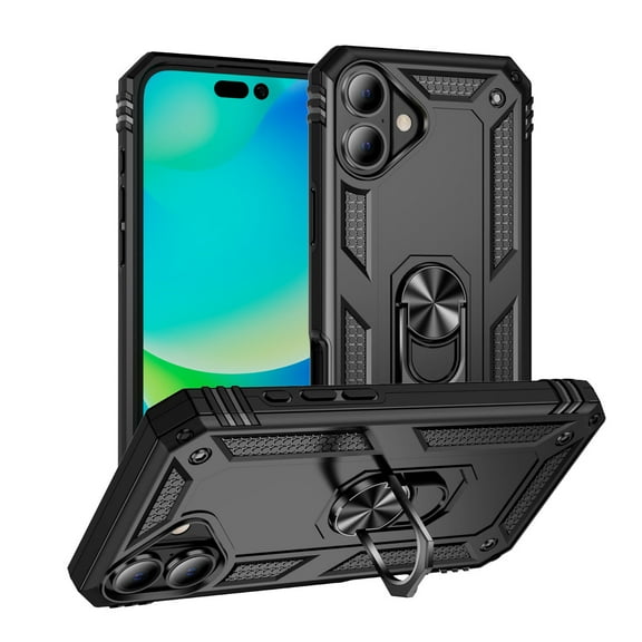 Entronix Case Designed for Apple iPhone 16 Heavy Duty Case with Built-in Kickstand, Dual Layer Protection with Rotating Holder Ring, Sturdy Case for Apple iPhone 16, Black