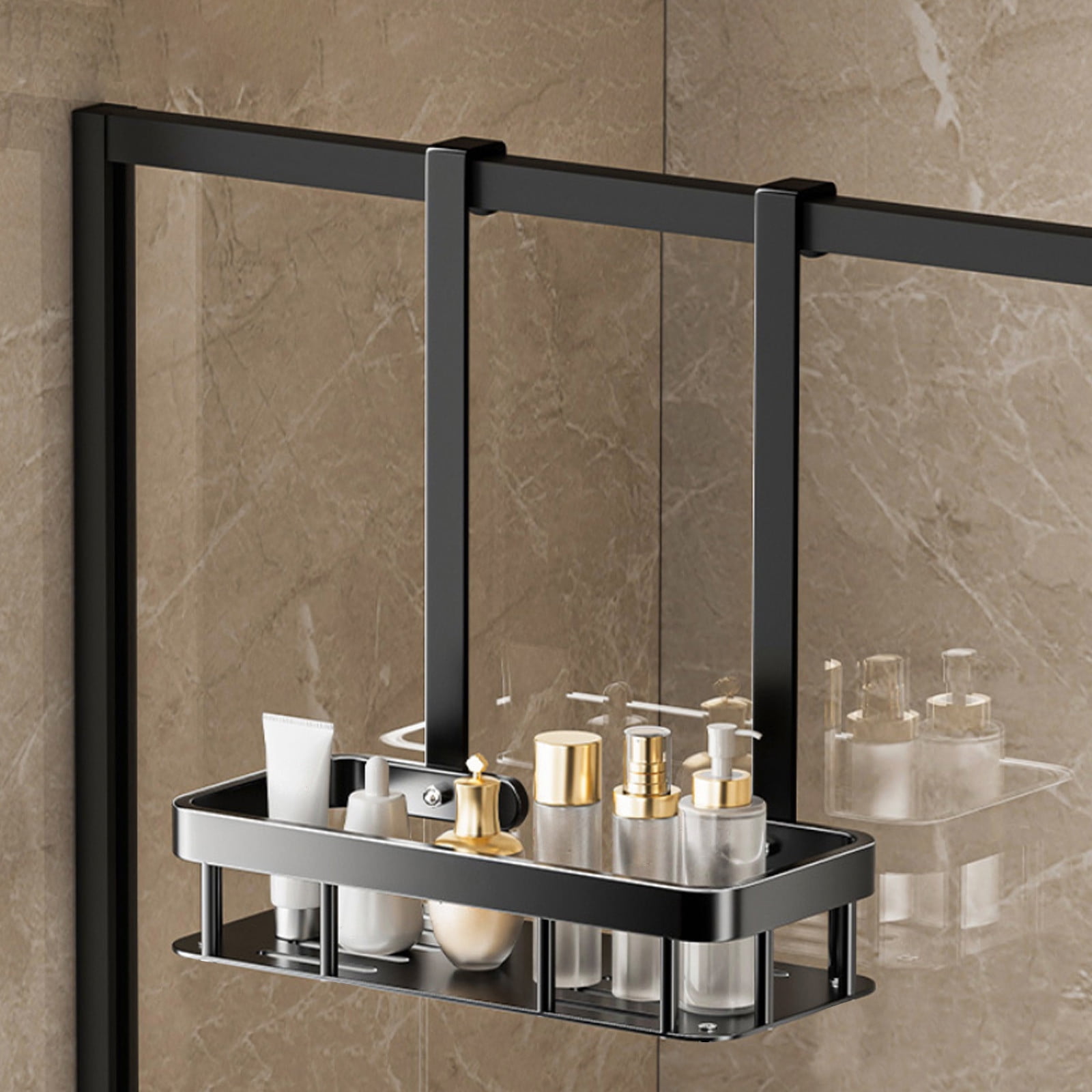 Qiopertar 2-Tier Over Door Shower Caddy, Large Capacity Hanging Organizer with Soap Tray Hooks, Rustproof Metal Bathroom Storage Rack for Shower Door Wall No Drilling, Black