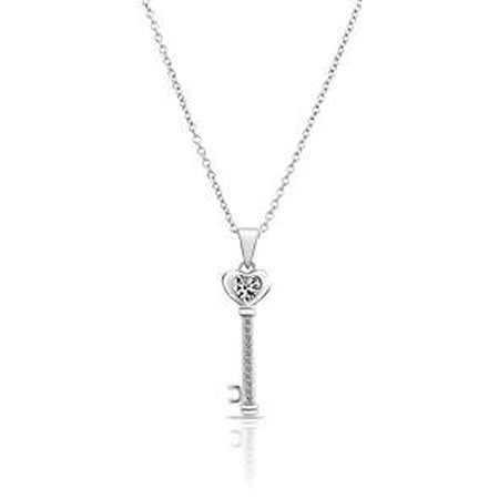 Sterling Silver Cubic Zirconia Heart Key Pendant Pendant Necklace-18"(23mm x 8mm)