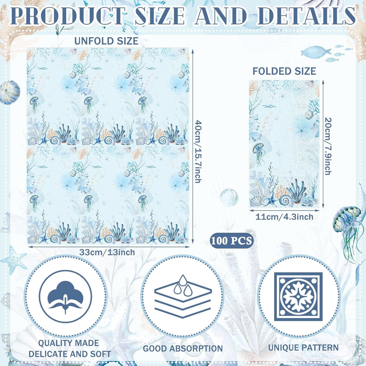 100 Pcs Christmas Coastal Paper Napkins Disposable Blue Sea Ocean Decoupage Napkins Bathroom Guest Seashell Nautical Coral Decorative Paper Towels for Kitchen Wedding Dinner Party