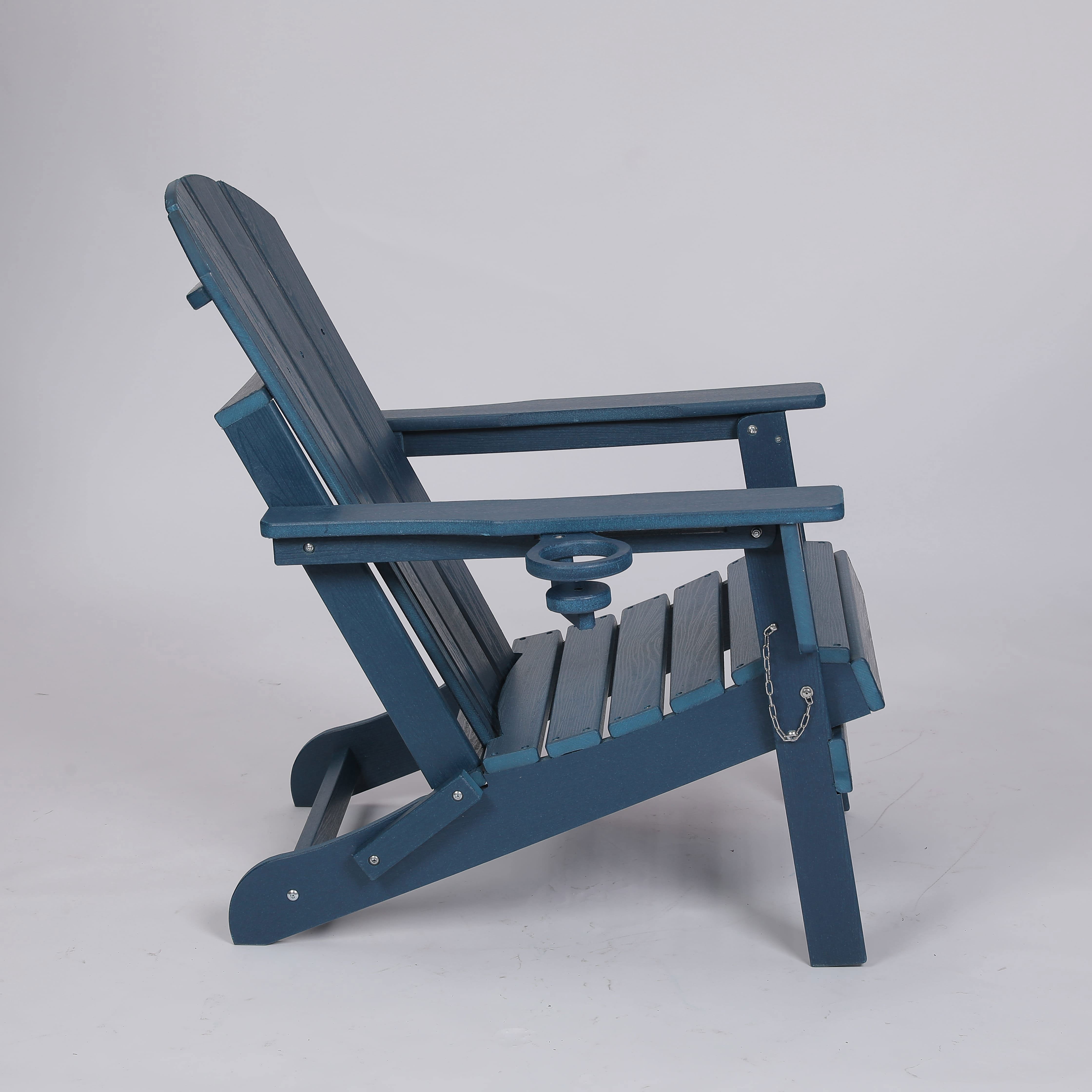 Resenkos HDPE Folding Adirondack Chair with Dual Cup Holder and Wood Texture, All Weather Composite Patio Chair, Navy Blue