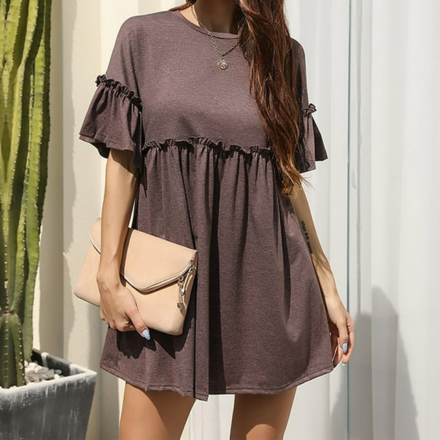 Robes pour Femmes 2024 Été Oversize Décontracté Uni Manches Courtes Bouffantes Col Rond Robe Longue pour Dames 50 % de Réduction Liquidation!