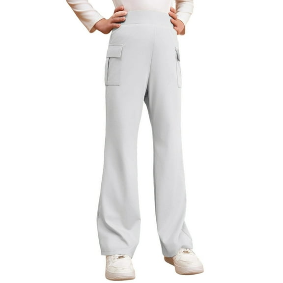 Bainana Little Girls Pants Solid Color Straight Leg Elastic Waist Trousers Fashion Casual Autumn Kids Daily Wear Grey Size 13-14 Years