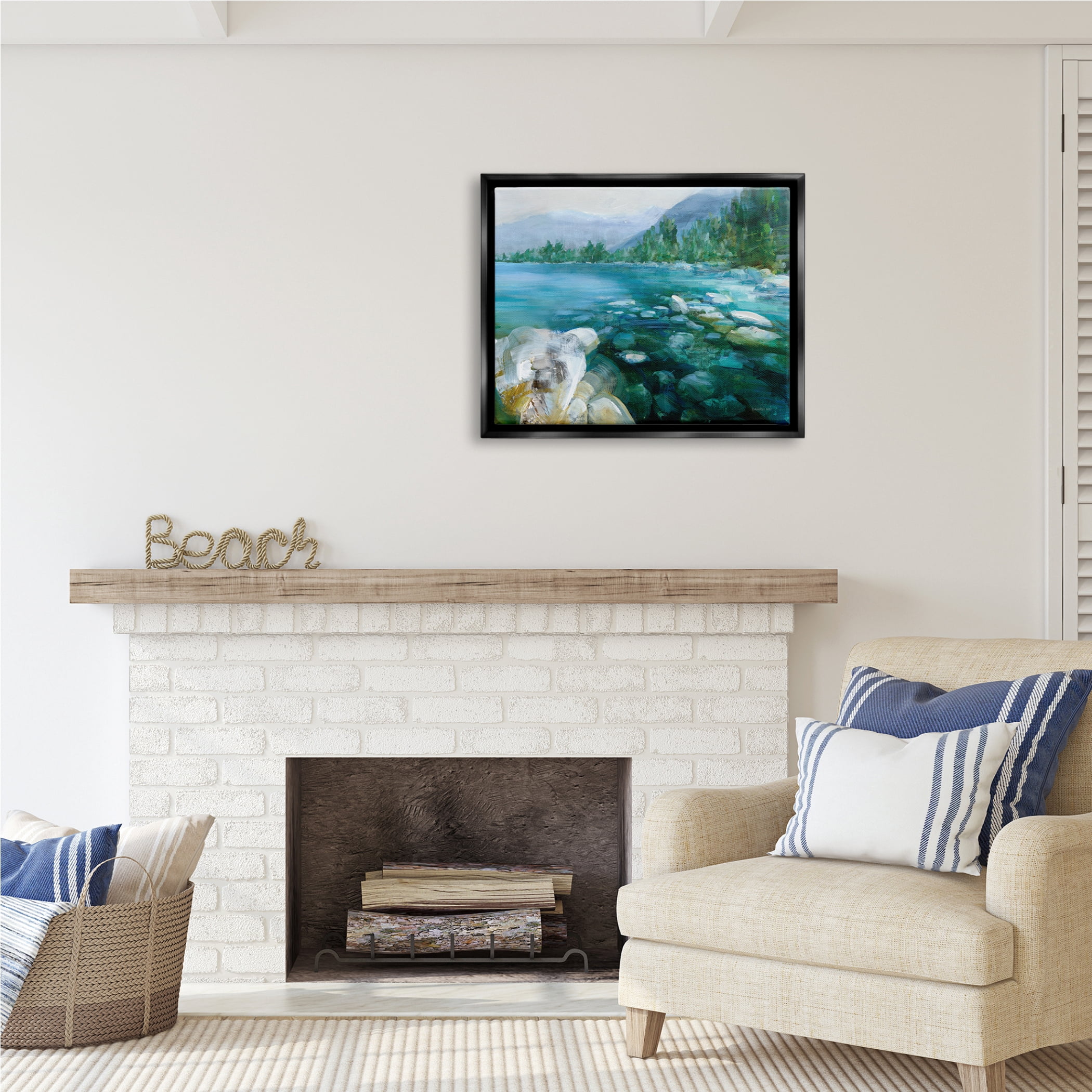 Stupell Industries Rocky River Landscape Nature Painting Black Floater Framed Art Print Wall Art, 31 x 25