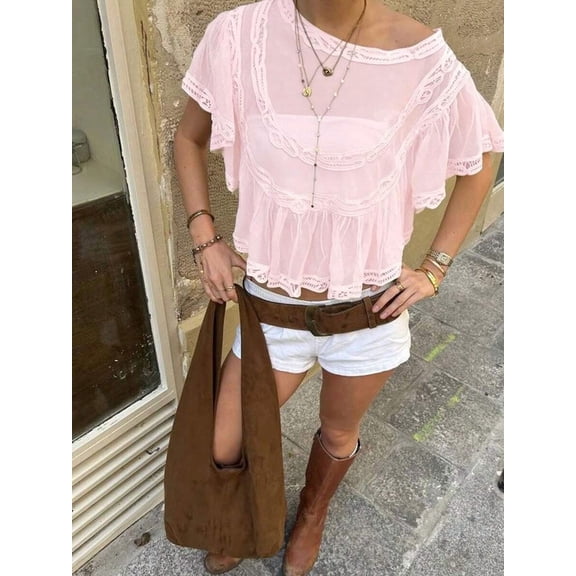 Women Boho Lace Fold‑Design Short‑Sleeve Blouse, Sheer Perspective Loose‑Fit Casual Top For Vacation Party And Country Concert