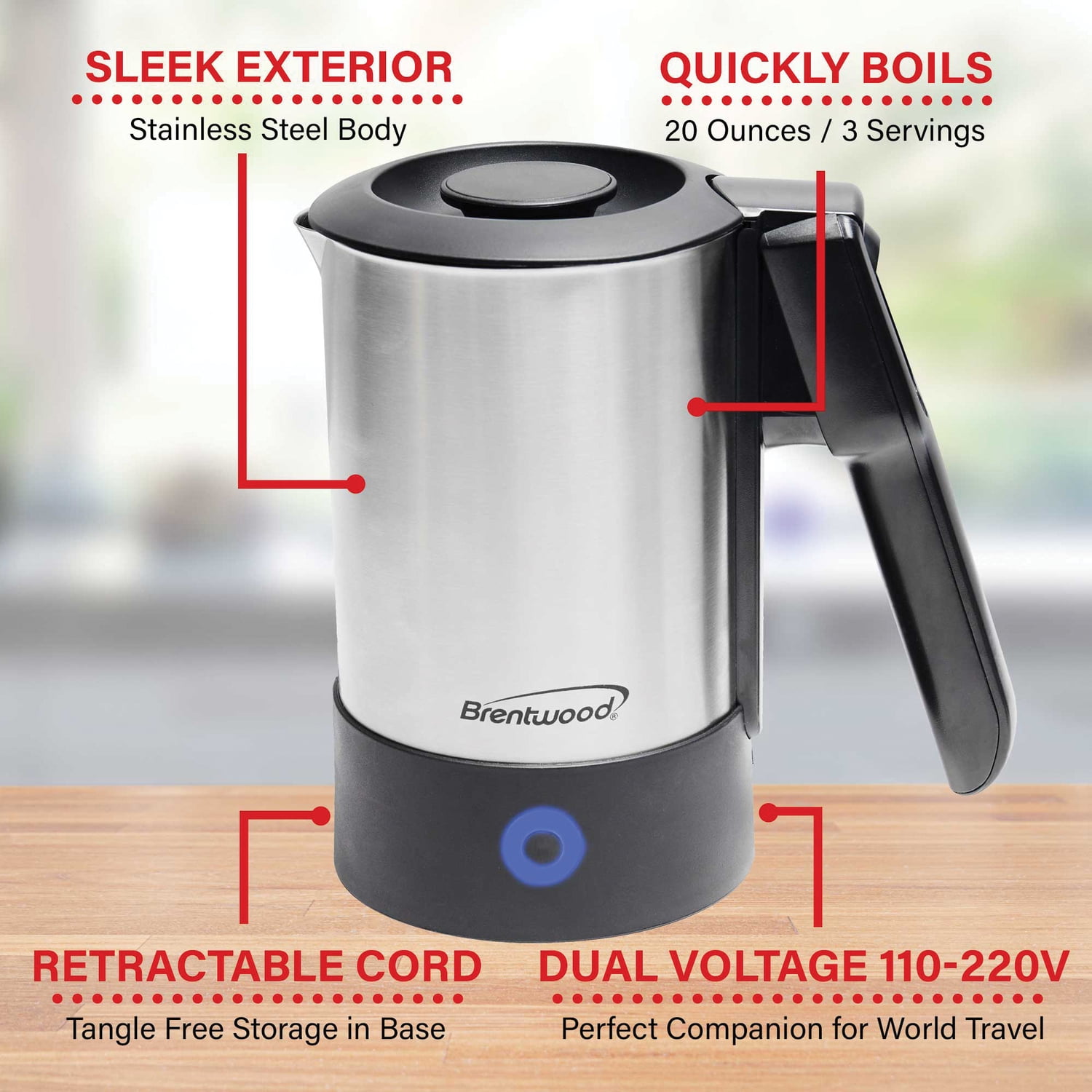 Brentwood 1000-Watt 20-Oz. Dual-Voltage Stainless Steel Electric Travel Kettle, Automatic Shutoff