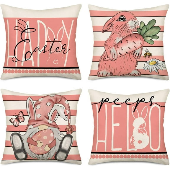 Happy Easter Rabbit Pillow Covers 20x20 Inch Set of 4 Spring Easter Bunny Gnome Farmhouse Decoration Hello Peeps Flowers Pink Stripes Throw Pillow Cover Cushion Case Cotton Linen