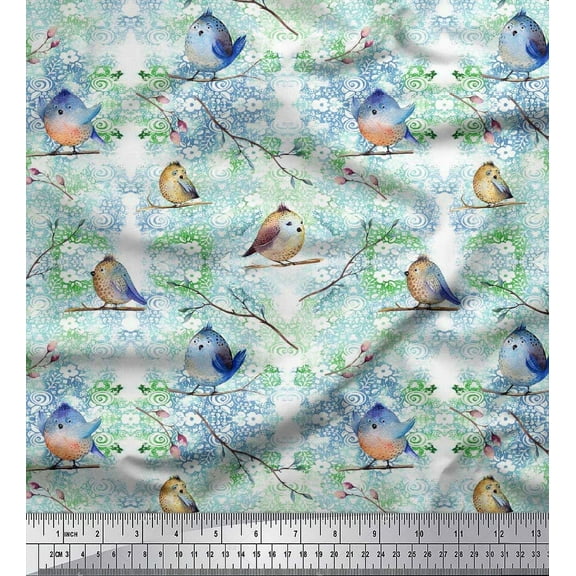 Soimoi Rayon Fabric Branch & Bird Artistic Print Sewing Fabric Yard 56 Inch Wide