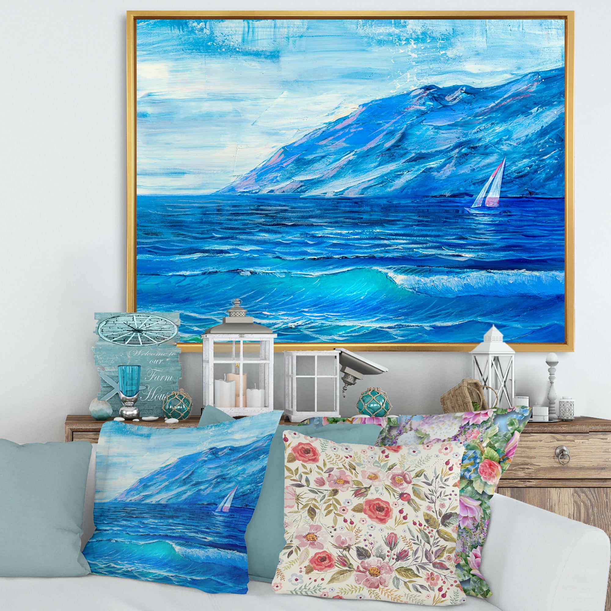 Sunrise Glow On The Sea Waves II 32 in x 24 in Framed Painting Canvas Art Print, by Designart