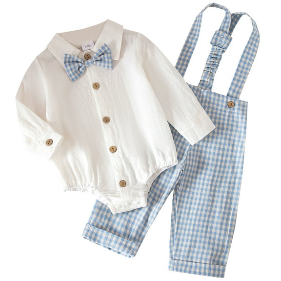 FYMNSI Baby Boy Suits Long Sleeve Clothes Infant Gentleman Outfit Dress Shirt with Suspenders Pants 9-12 Months Blue