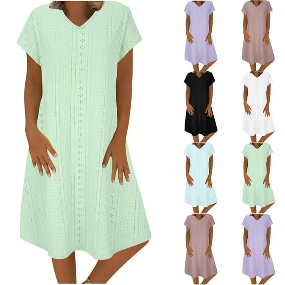 ZZwxWA Eyelet Dress for Women Casual Solid Color Loose Sundresses T Shirt Dresses Summer Dresses 2025