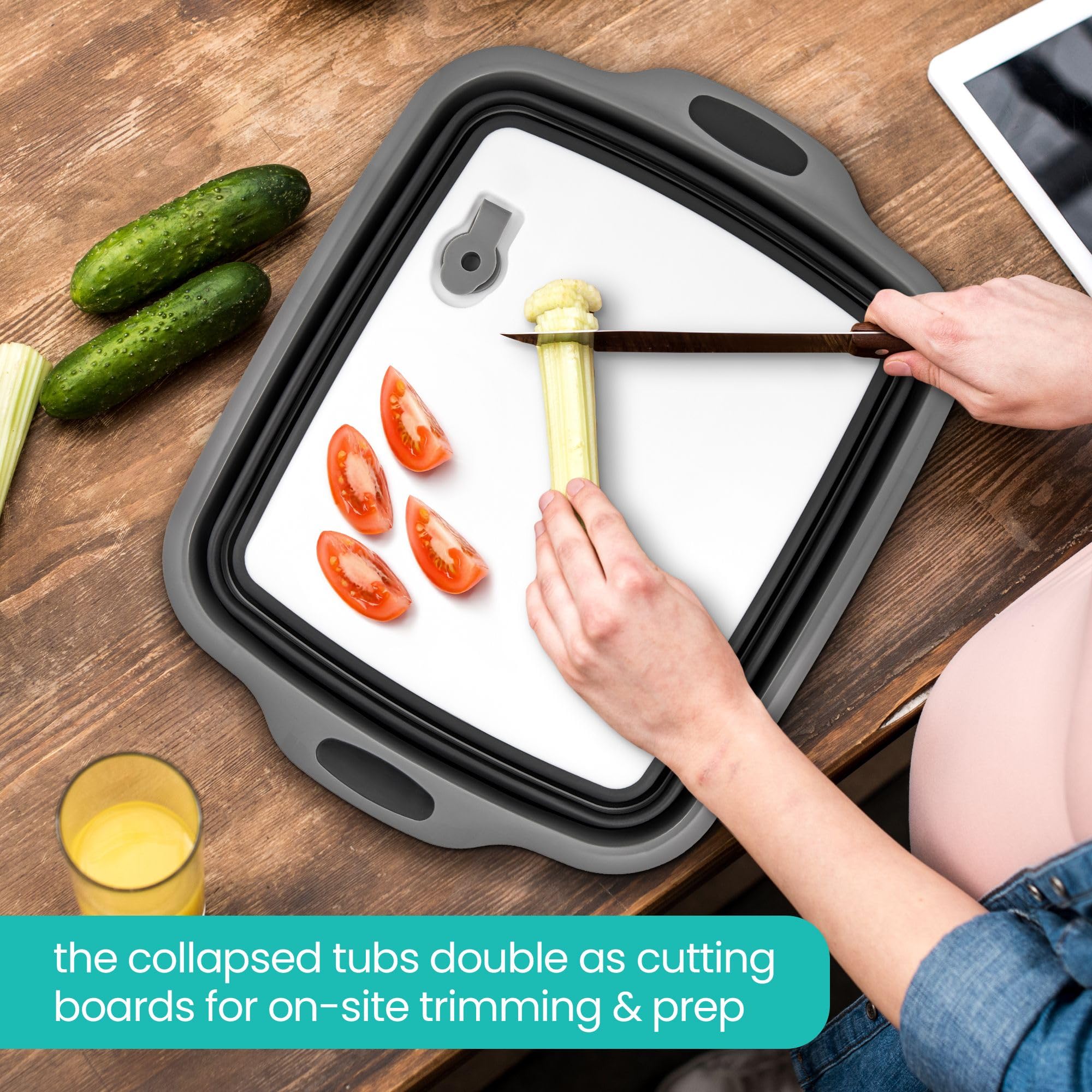 Collapsible BBQ Prep Tub with Lids and Drain Spouts, 3 Pack – Portable Meat Marinating and Grilling Trays, Cutting Board Food Storage Containers for Outdoor Cooking, Camping, Tailgating, Kitchen Prep