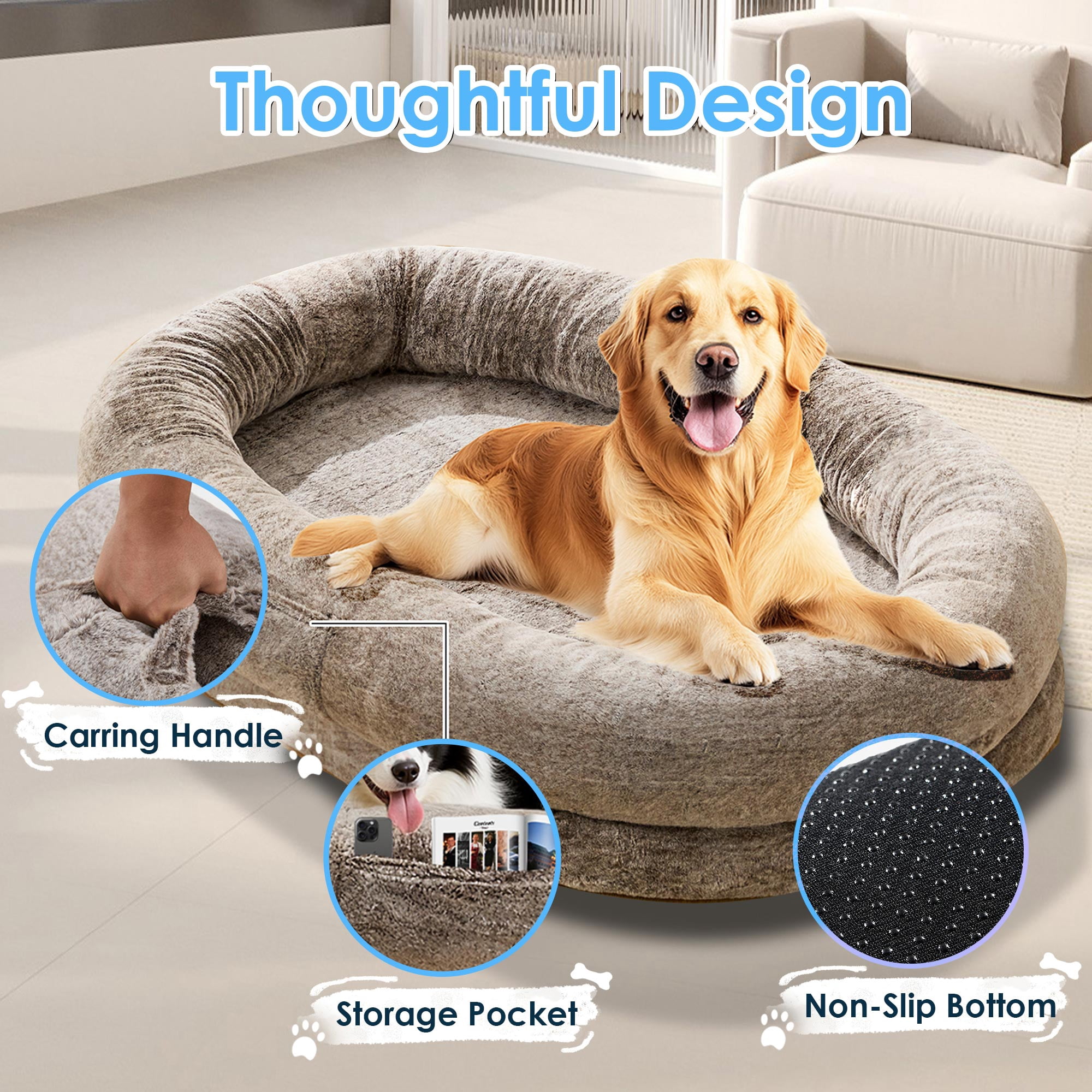 Extra Large Human Dog Bed for Adults & Pets, Faux Fur Orthopedic Lounger with Pillow & Blanket, Washable Nap Bed, Perfect Gift for Pet Lovers (68'' x 35'' x 14'')