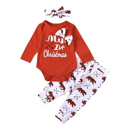 

Infant Girl Christmas Long Sleeve Romper+ Trousers+ Headband Bow-knot Cute Animal Print Decoration Spring Clothing