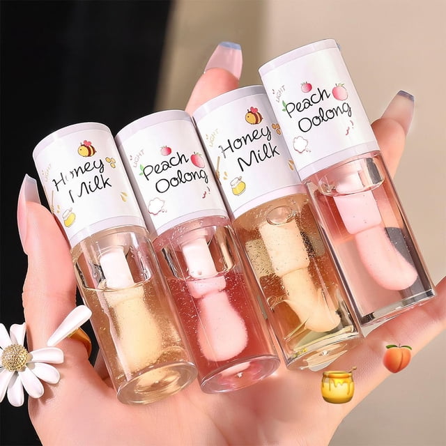 Pakivs 4PCS Aceite de labios transparente hidratante Jelly Honey Lip Gloss Oil Aceite de labios con pincel grande coreano Bálsamo labial nutritivo hidratante de larga duración para rellenar los labios
