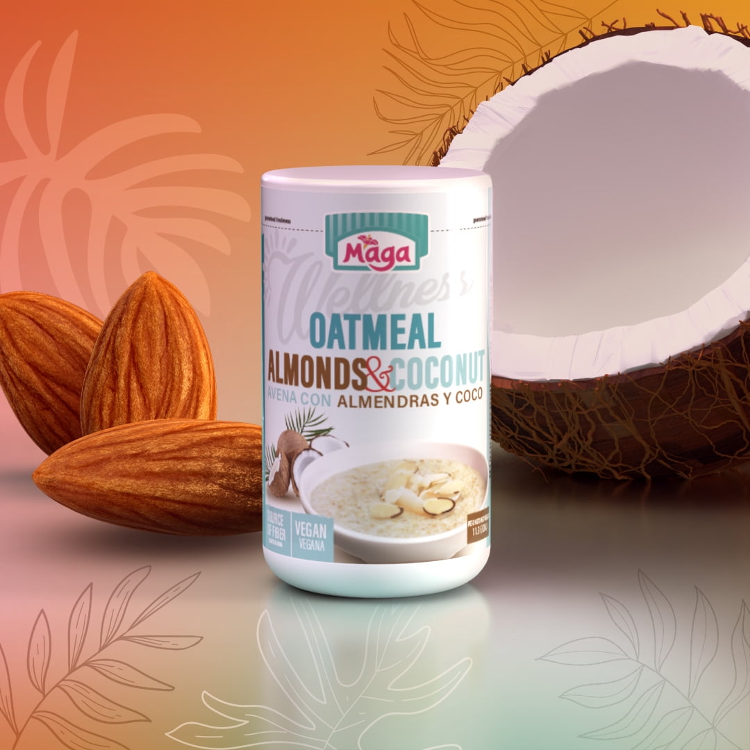 Maga Wellness Almonds & Coconut Rolled Oatmeal Cereal, Instant, 11.3 oz, Shelf Stable Plastic Jar