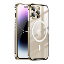Mantto Magnetic Case for iPhone 14 Pro Max Case, Metal Aluminium Alloy Clear Back Lens Protection Protective-Compatible with Wireless Charging Magsafe for iPhone 14 Pro Max, Gold