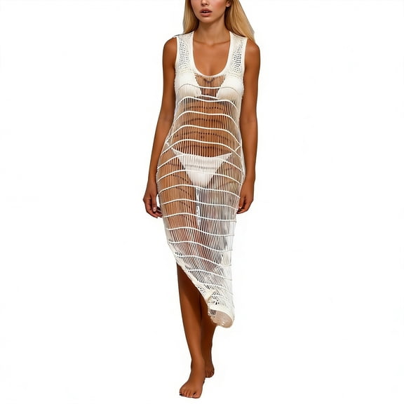 Elegant Side Slit Long Beach Cover Up Dress Breezy Crochet Knit Tunic for Women’s Summer Swimwear Outerwear with Hollow Out Detail