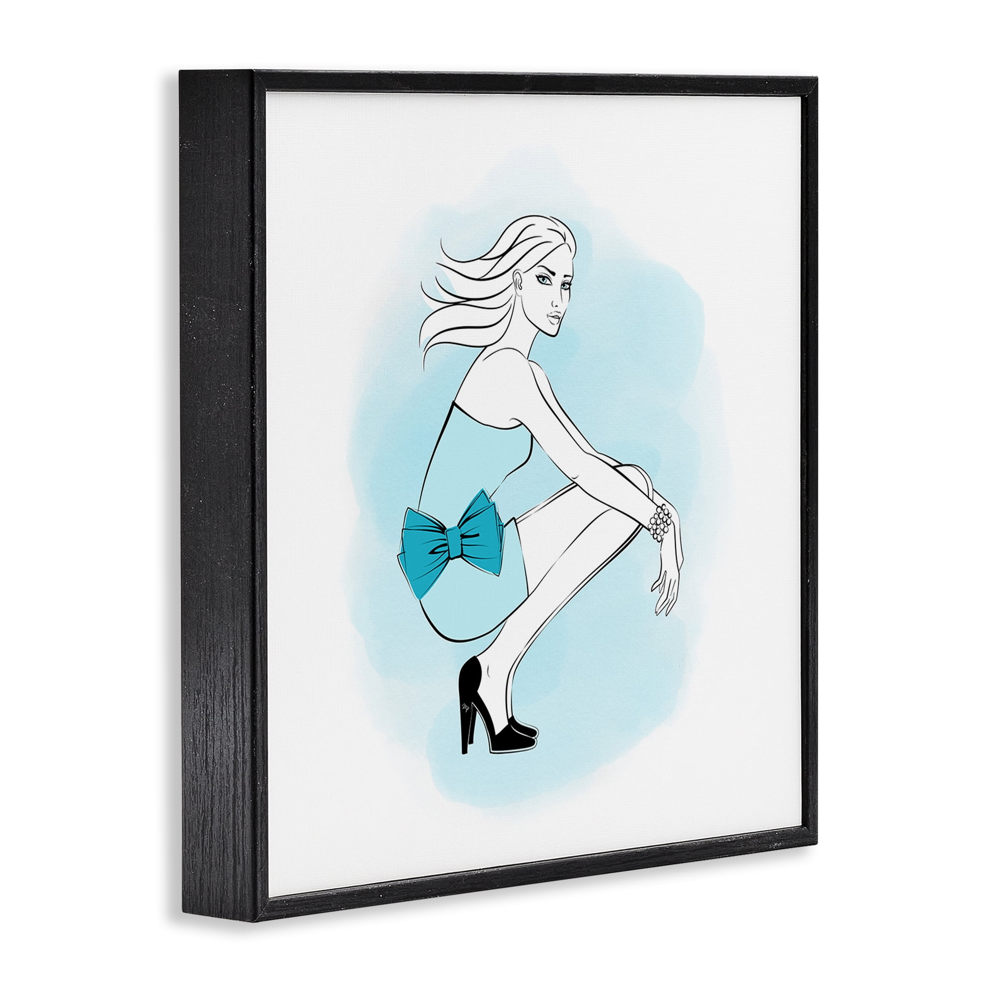 Stupell Industries Girl with Blue Bow Novelty Painting Black Framed Art Print Wall Art, 12 x 12