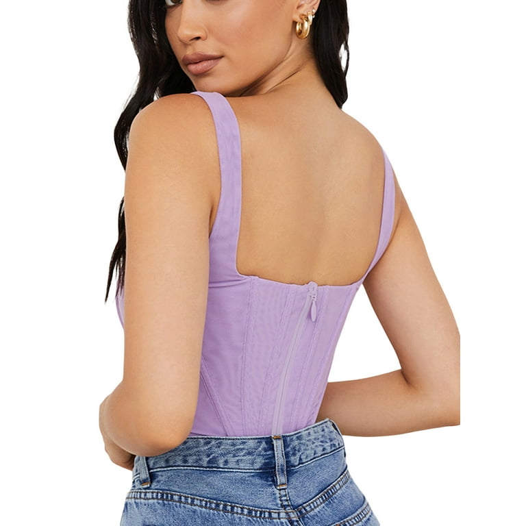 wybzd Women Corset Crop Top Sleeveless Push Up Cami Lace Up Bustier Vintage  Tank Top Clubwear Halter Vest Clothes Purple XS