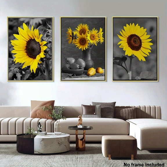 3pcs Large Sunflower Wall Art Set - Bohemian Style Yellow Floral Canvas Prints with Black & Golden Frames, Vertical Modern Farmhouse Decor for Living Room, Bedroom, Dining Room - Vibrant Yellow Sunf