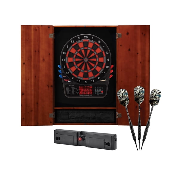 Viper Metropolitan Electronic Soft Tip Dartboard and Cabinet Bundle: Elite Set (800 Dartboard, Darts and Laser Throw Line), Cinnamon Finish