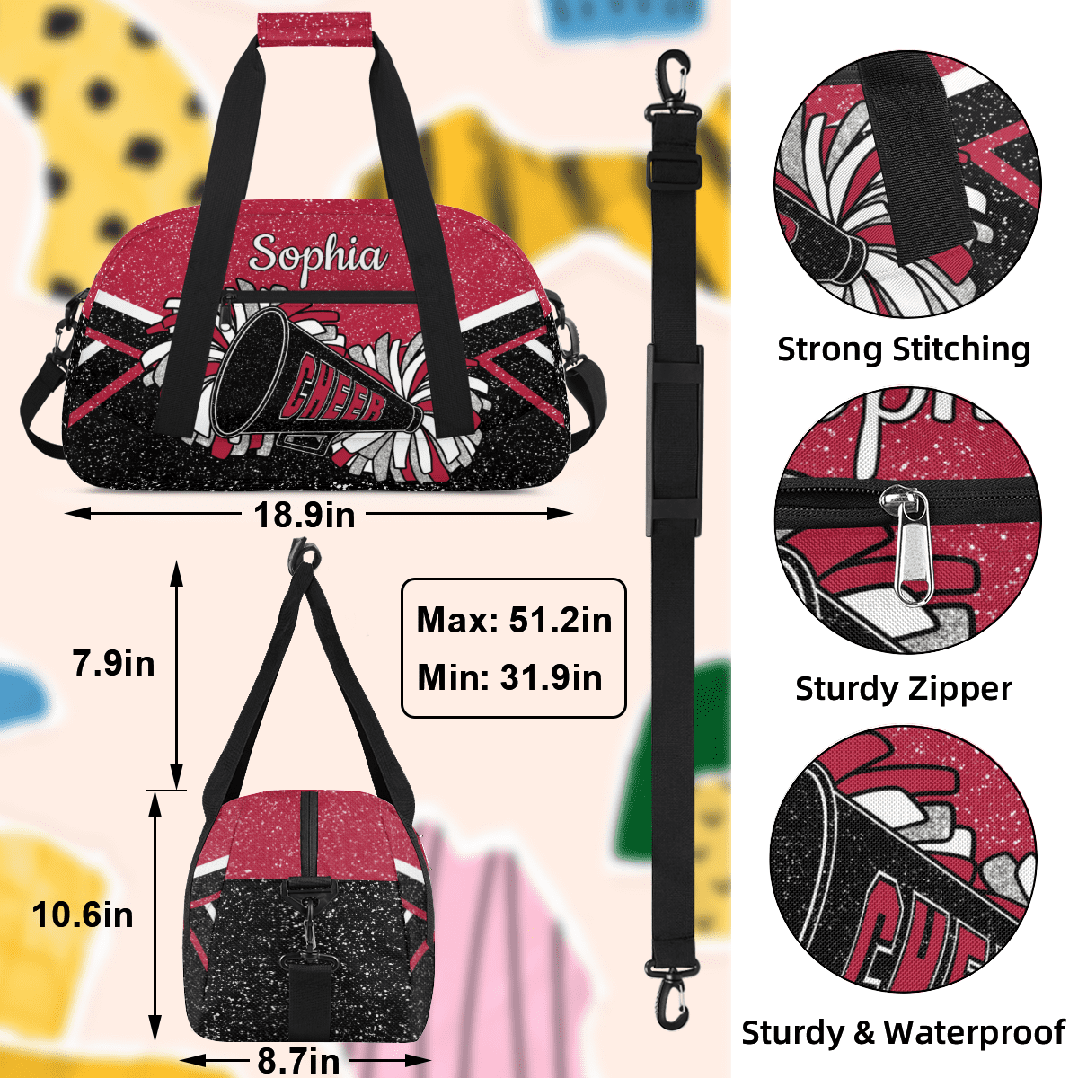 Jiaoprinted Personalized Cheer Bag for Women, Custom Sport Duffel Bag with Name, Customized Gym Bag, Weekender Overnight Bag, Cheerleading Gifts, Black Red Glitter