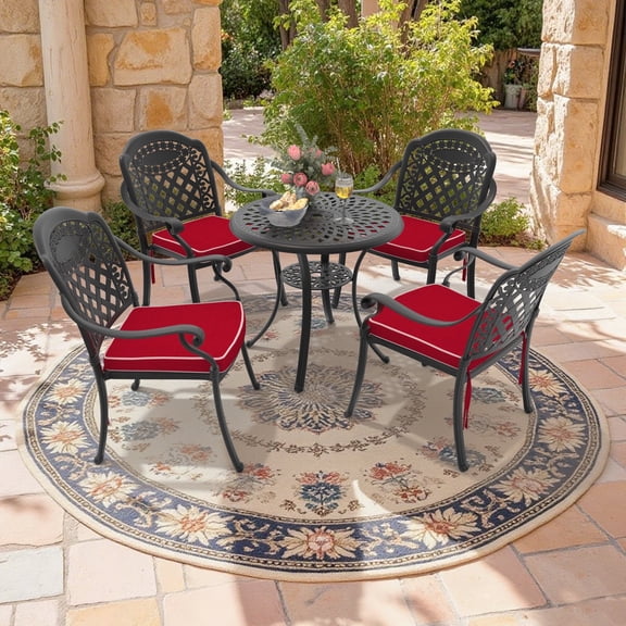 Hzzkey 5-Piece Outdoor Rust-Resistant Cast Aluminum Patio Set, Black Table, Red Cushions, Umbrella Hole