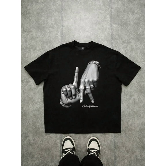 Angeles LA Hand Gesture Logo Print Street Style Black Drop Shoulder T-Shirt For Men