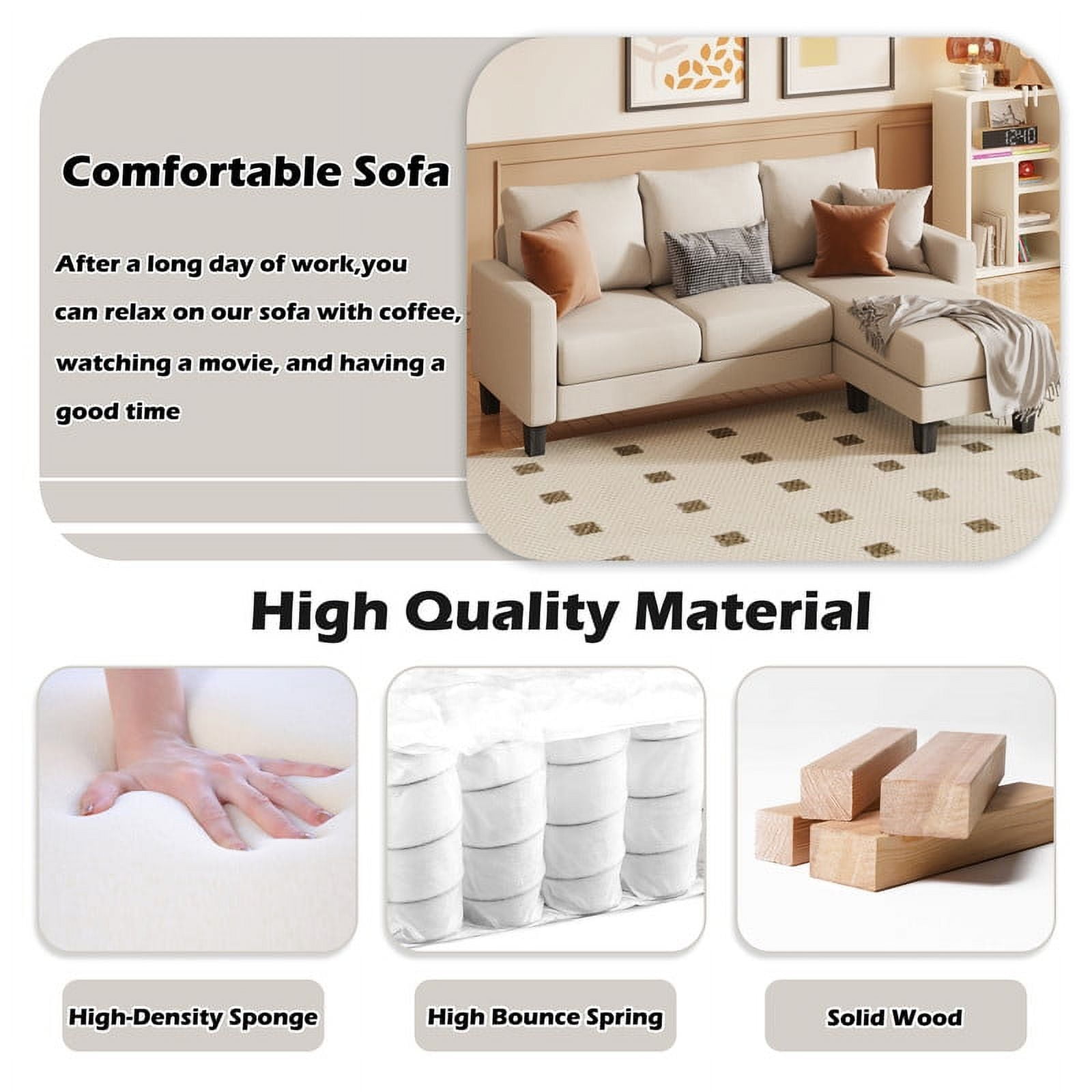 Homall Convertible Sectional Sofa Couch, Modern Linen Fabric L-Shaped Couch 3-Seat Sofa Sectional with Reversible Chaise for Small Living Room, Apartment and Small Space, White