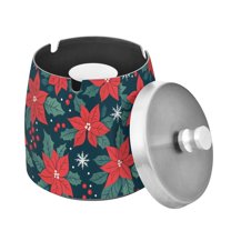 Yayeee Ashtray with Lid for Cigarette Smokeless Stainless Steel Home Ash Holder, Red Christmas Leaves