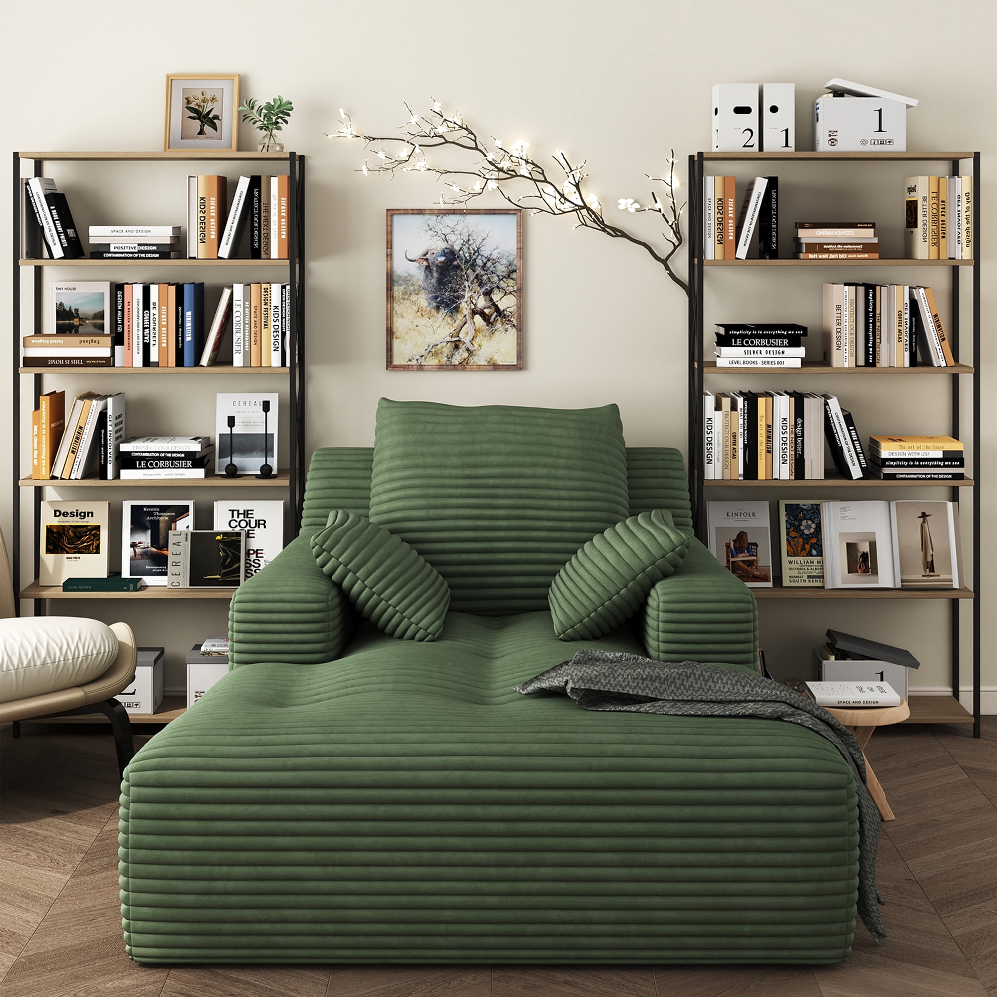 67'' Oversized Chaise Lounge Chair Indoor, Cloud Plush Corduroy Upholstered Sofa Bed, Modern Deep Seat Sofa with Back Cushion, Pillows, Cozy Sleeper Couch for Living Room, No Assembly Required, Green