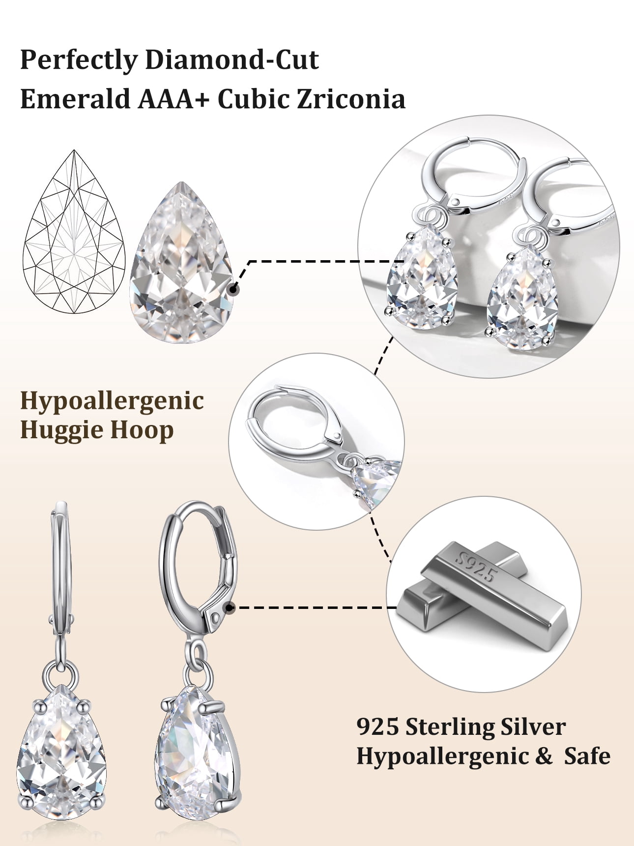 Bestyle Created Diamond Dangle Earrings Women Pure 925 Sterling Silver Hoop Earrings Birthstone Jewelry for Sensitive Ears daily Wear