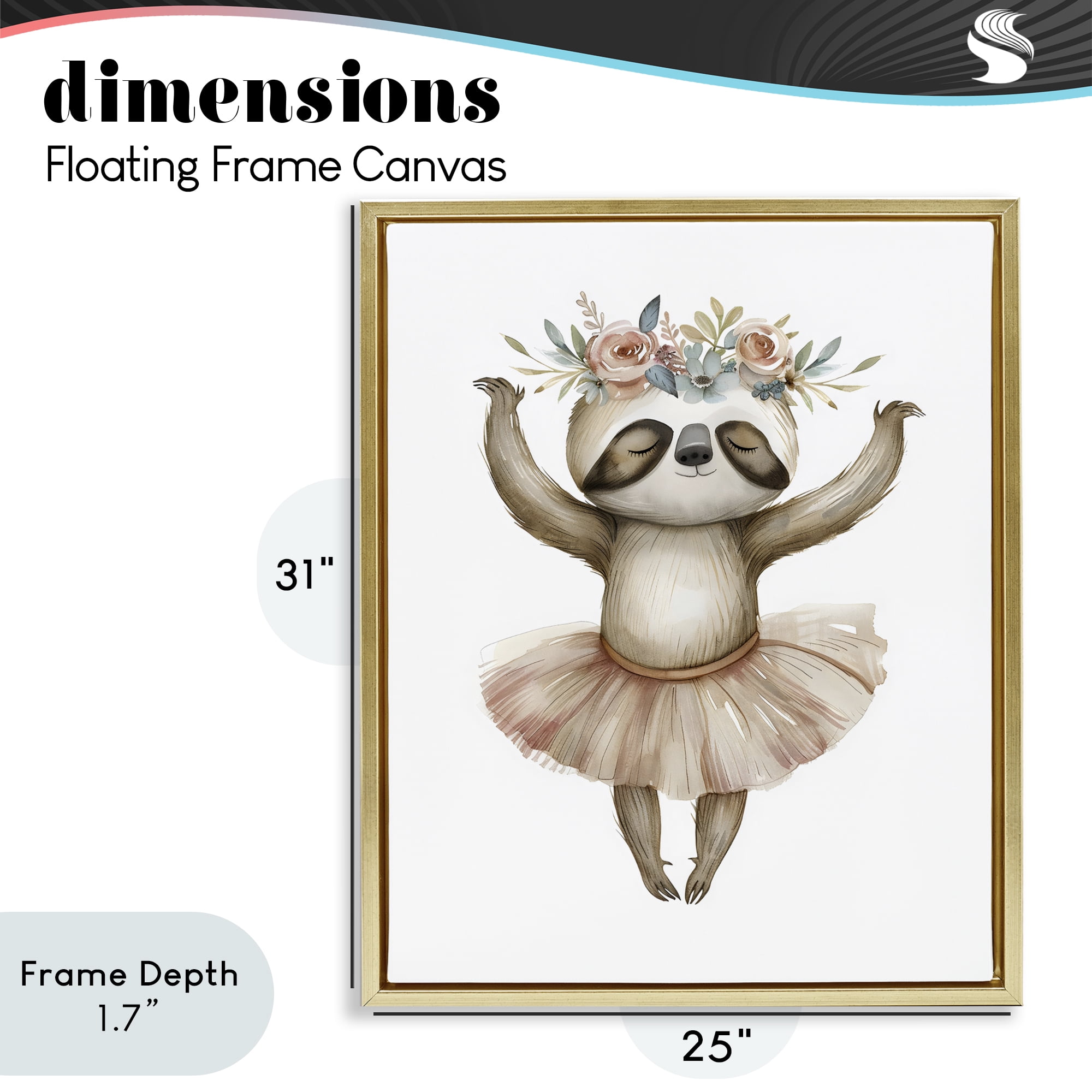 Stupell Industries Dreamy Sloth Ballet with Flowers Gold Framed Floater Canvas Wall Art, design by LSR Design Studio