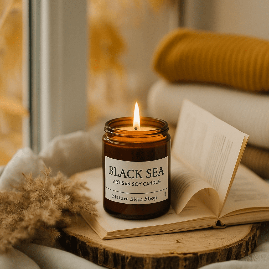 Nature Skin Shop Black Sea Soy Candle – Clean-Burning Cotton Wick Candle with Deep Ocean & Amber Notes – 8 oz Jar – Modern Botanical Home Fragrance